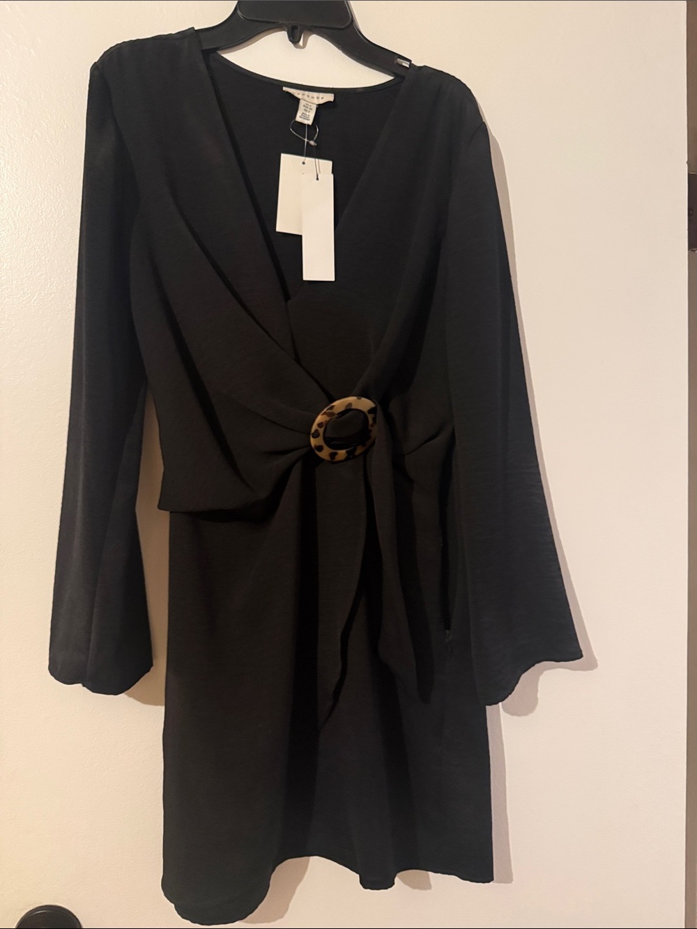 Topshop Black Long-Sleeve Wrap Dress with Tortoiseshell Buckle